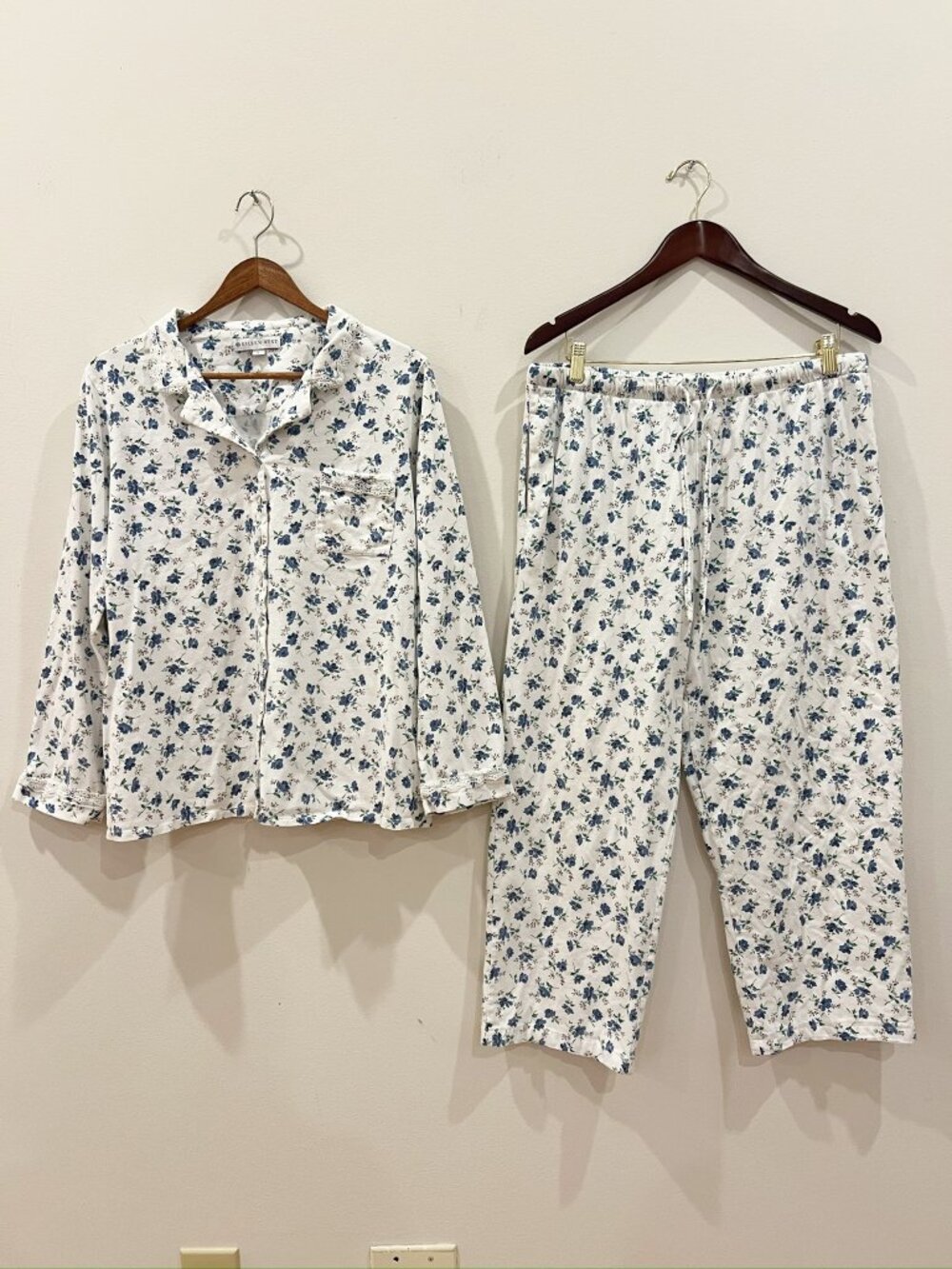 Eileen West Pajama Set Womens Large Blue Floral Lace 2 Piece Top Pants Dainty